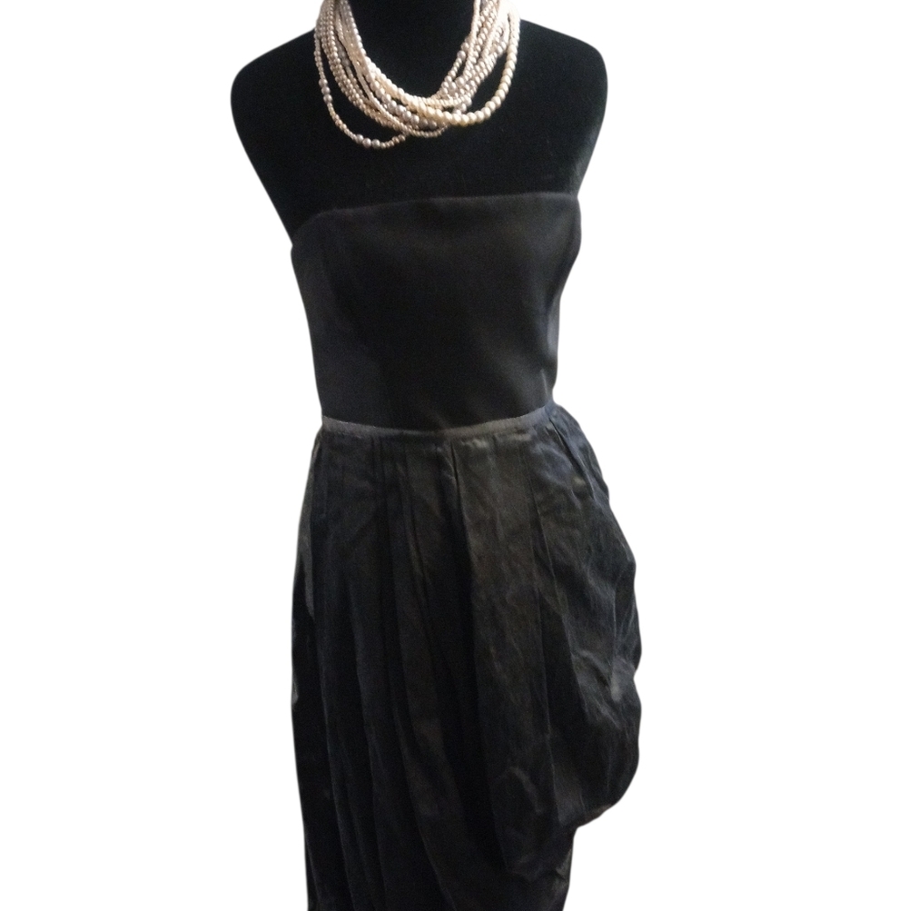 Zara Elegant Asymmetrical Strapless Black Satin Cocktail Dress, NWT